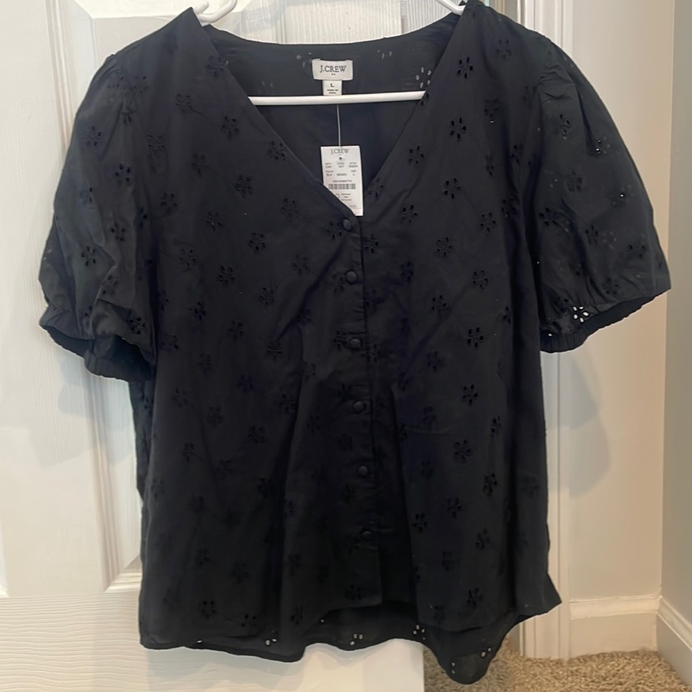 NWT J Crew Eyelet Black Top